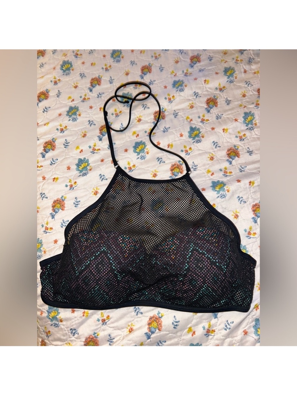 Mesh High-Neck Bralette in Black with Iridescent Detail